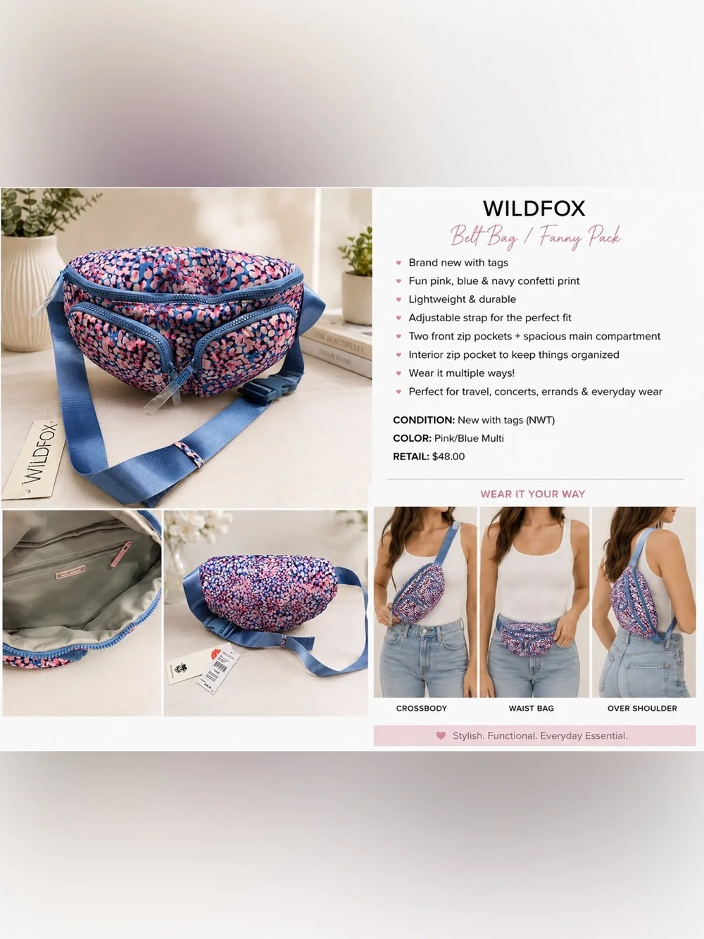Wildfox Pink & Blue Floral Crossbody Belt Bag